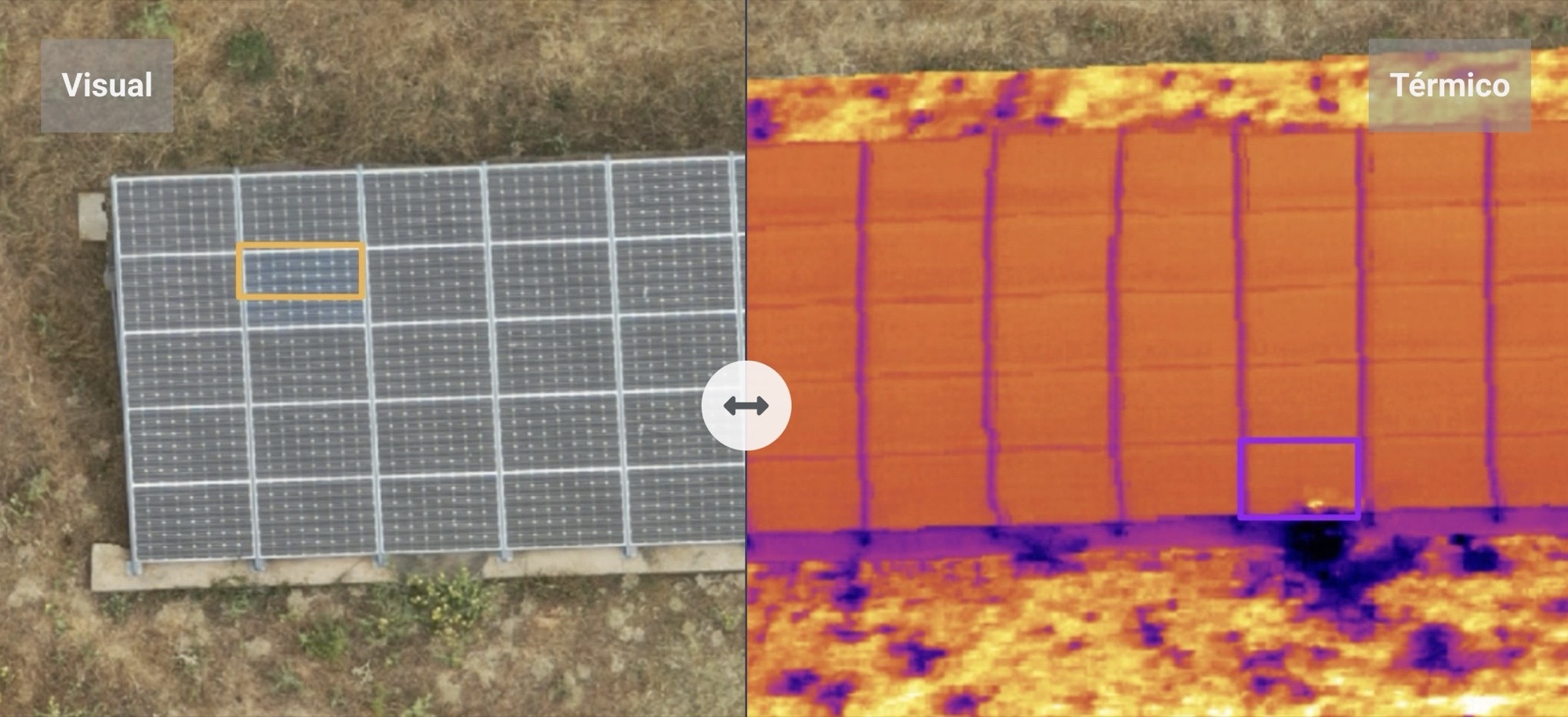 The same group of modules in visual and thermal imagery, with one finding marked in each